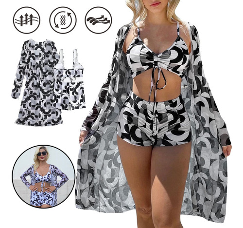 Conjunto De Falda De Playa Tipo Kimono Y Bikini Con Flores P