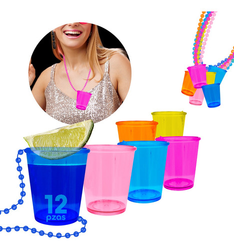 12 Collares Shot Transparente Caballito Color Vaso Tequilero