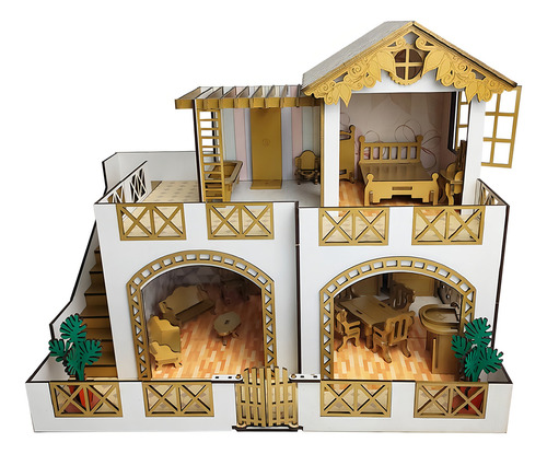 Casinha De Bonecas Infantil Mdf 2 Andares 22 Móveis Dourada