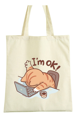 Tote Bag Tela - Estampado De Gato I'm Ok - 40x35cm Beige Gato Ok