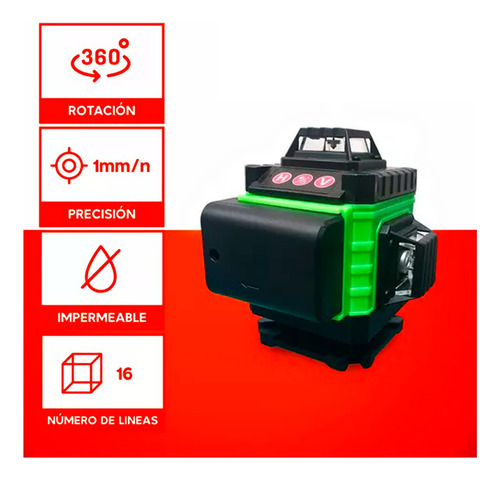 Nivel Láser Verde 16 Líneas 4d Batería Multiusos + Lentes