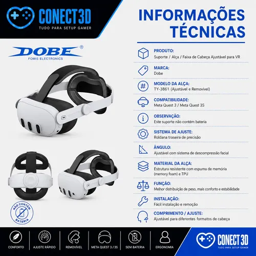 Alça Faixa Cabeça Dobe Ajustável Para Vr Meta Quest 3 E 3s | Frete