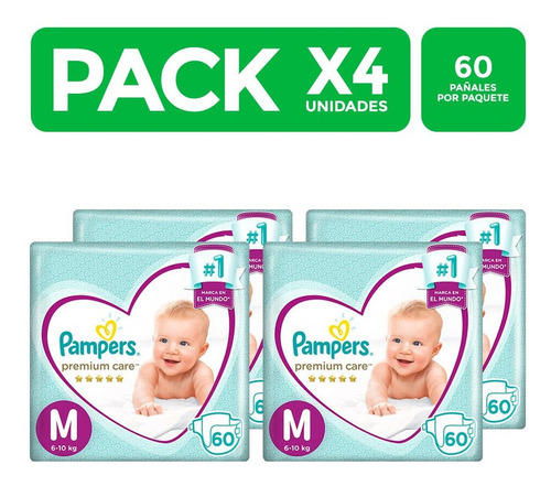 Pañales Pampers Premium Care Talla M 60 Unidades Packx4