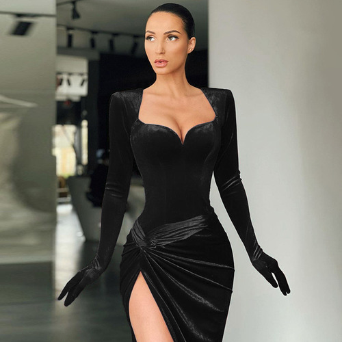 Vestido Sexy Con Abertura Elegante Y Manga Larga Para Mujer