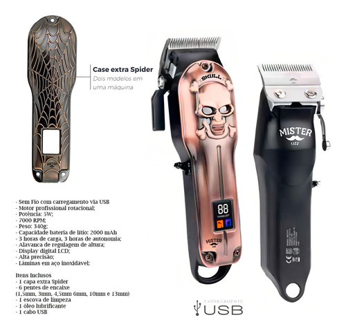 Máquina De Corte Profissional Lizz Skull Sem Fio Performance