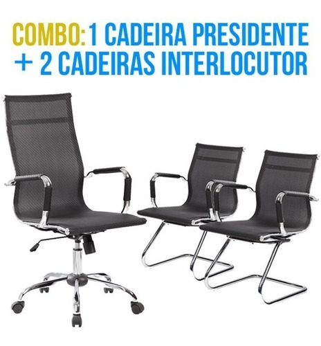 1 Cadeira Presidente + 2 Cadeiras Interlocutor Em Couro P.u.