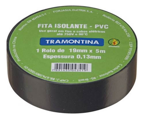 Fita Isolante Preta 19mm X 05m Tramontina Cor Preto Liso