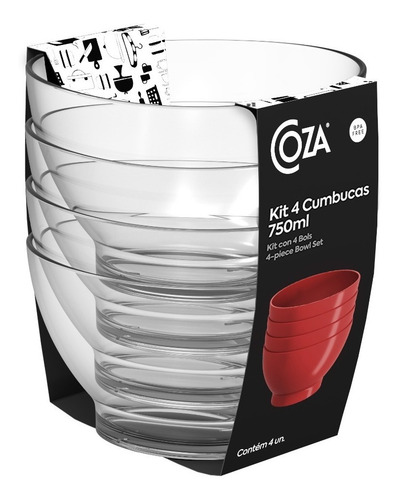Kit de cuencos Cumbucas Coza de 750 ml, 4 tarros, transparente mate