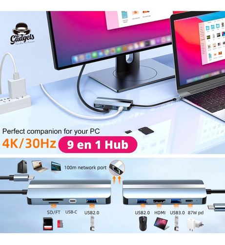 9 En 1 Hub Usb C 3.0 Adaptador Sd Rj45 Hdmi 4k Para Mac iPad