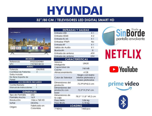 Televisor Hyundai 32 Pulgadas Hd Smart - Hyled3243nim
