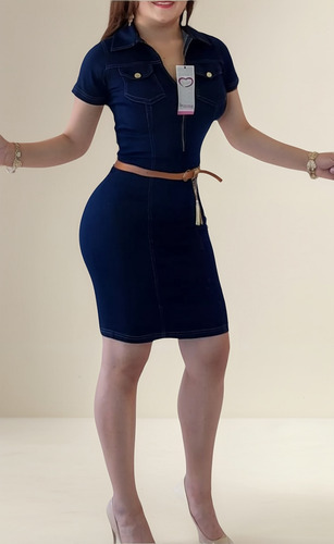 Vestido Mezclilla Con Cierre Y Cinturón Ajustado Para Mujer