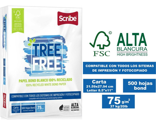 Papel Bond Scribe Tree Free Bco. Tam.carta 75 Grs. 500 Hojas