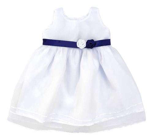 Vestido Nena Blanco Y Azul Con Tul Bautismo, Talles 0 Al 3