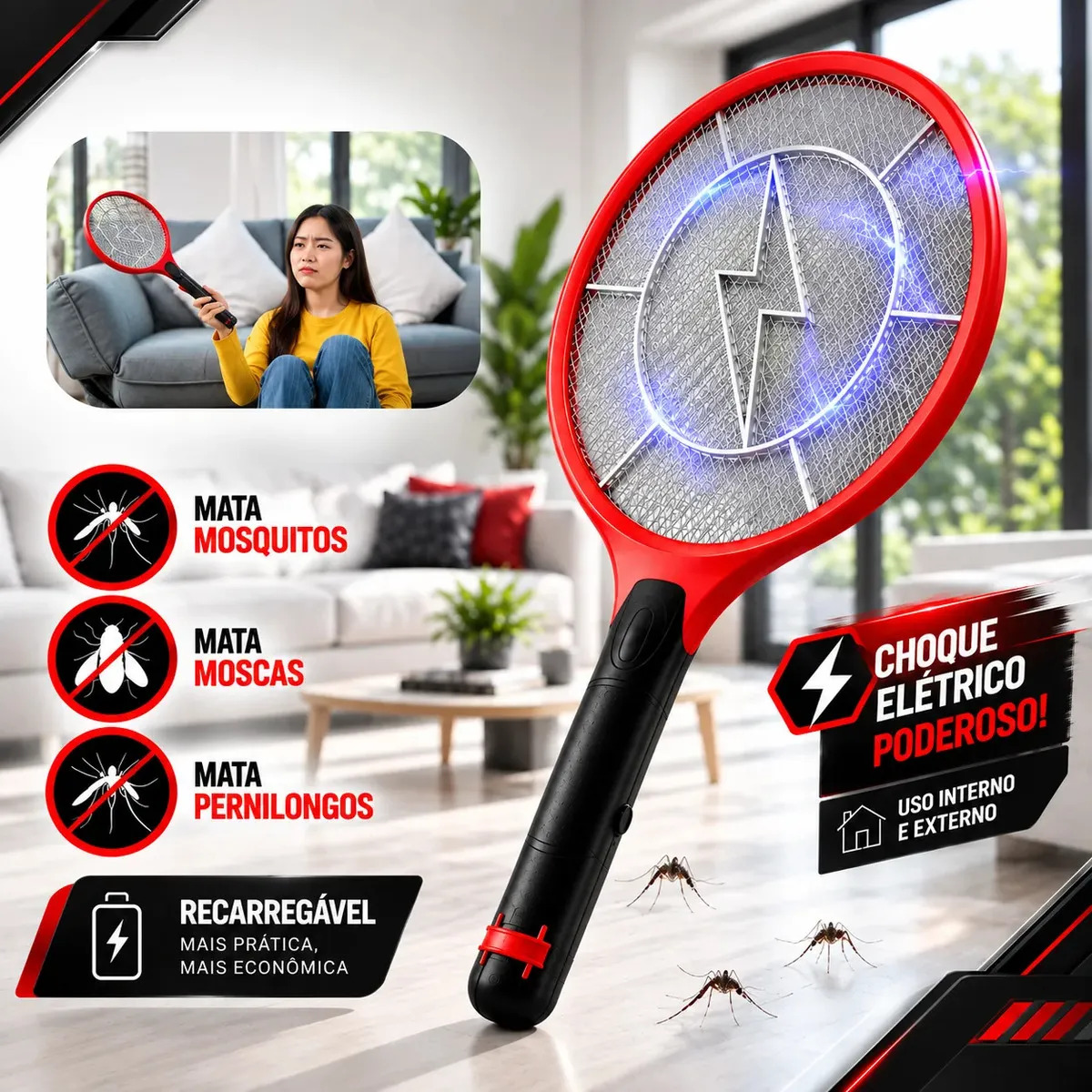 Raquete Elétrica Mata Mosquito Mosca Pernilongo Dengue Insetos Casa Chacara Praia Camping Bateria Recarregavel Bivolt