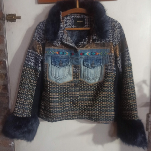 Saco Corto Chaqueta Desigual 40 Con Puños Cuello Piel Azul P