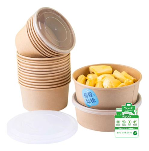 50 Bowls Kraft Contenedores Biodegradables 750 Ml Con Tapa