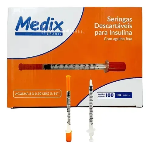 Seringa Insulina 1ml 100ui Agulha Fixa 0,8x0,30mm 30g 1 Ml