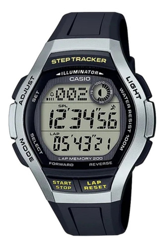 Reloj Casio Digital Sport Step Tracker Original Time Square Color de la correa Negro Color del bisel Plateado Color del fondo Negro