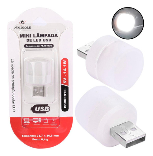 02 Mini Luminária Luz Lâmpada Led Frio Abajur Usb 5v 1w