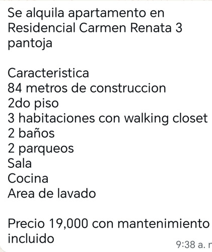 Se Alquila Hermoso Apart Remodelado, Res. Carmen Renata Iii