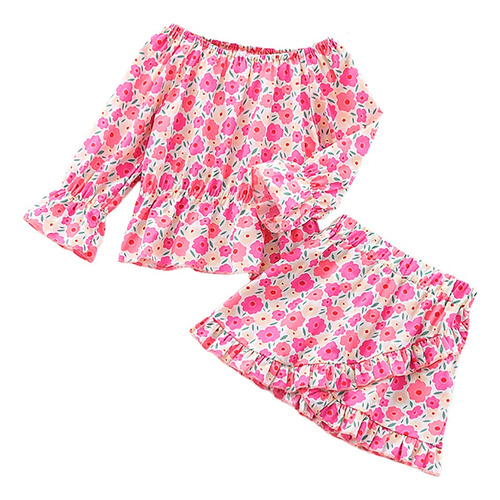 Conjunto Casual Algodón Camisa Y Falda Con Estampado Floral Rosa Chicle 3-4 Años