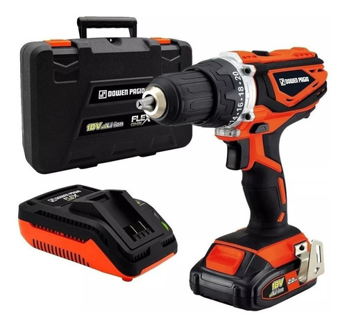 Imagen 2 de 4 de Taladro atornillador inalámbrico de 13mm Dowen Pagio TB1318P 18V + 1 batería de 2Ah + accesorios con maletín de transporte 220V 50Hz
