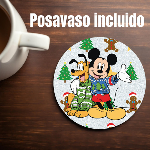 Taza Mouse Pad Y Posavaso Mickey Y Pluto Feliz Navidad Md4