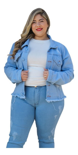 Jaqueta Jeans Plus Size Feminino Detalhe Rasgados G1 Ao G4