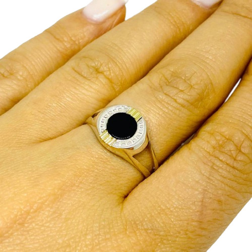 Ap 175-1 Anillo Sello Con Piedra Onix Plata Y Oro