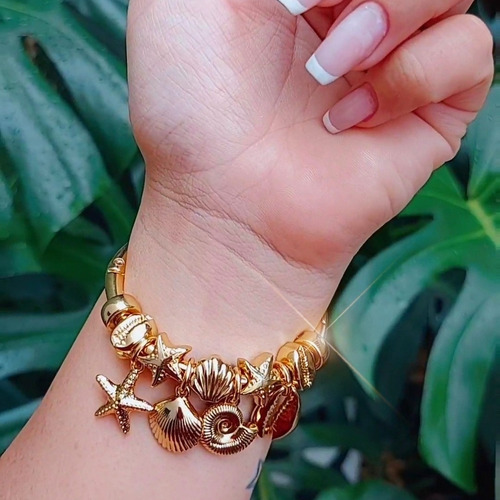 Pulseira Feminina Banhada Pingente Concha Búzios Peixe Sereismo Comprimento 20 cm