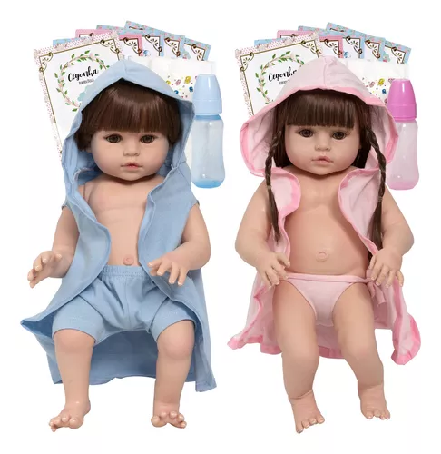 Boneca Reborn Recém Nascida Casal Gêmeos Grande + Acessórios