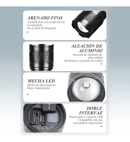 Linterna Led Recargable Usb, 5 Modos, Ipx4,lámpara Táctica