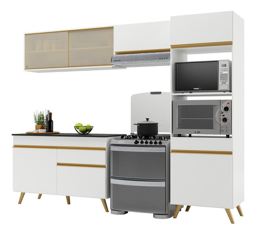 Armário De Cozinha Compacta 252cm Veneza Multimóveis V3692 Cor Branco/Dourado