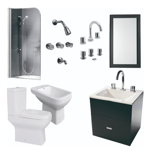 Set De Baño Inodoro Mampara Vanitory 40cm Griferia Y Espejo