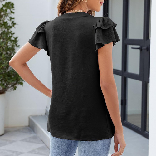 Camiseta Casual Plisada Frontal Con Cuello En V Y Mangas De