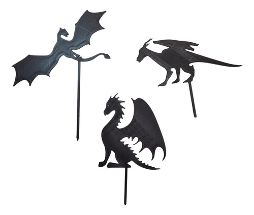 3 Set Topper Siluetas Dragones Adorno Tortas Negro