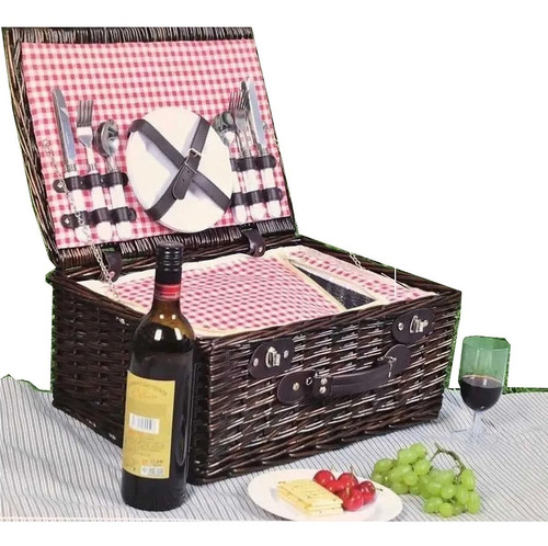 Imagem 1 de 7 de Cesta Picnic Em Vime Talheres Pratos E Taças Serve 4 Pessoas