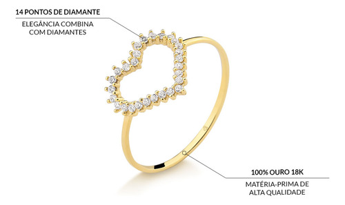 Anel De Coração Em Ouro 18k Com 14 Pontos De Diamante Aro 21