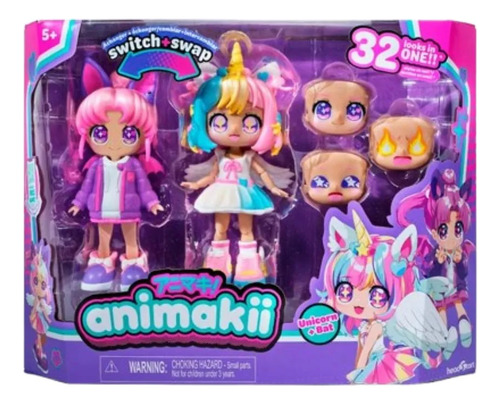Muñeca Animakii Caras Intercambiables Unicorn + Bat Toyz