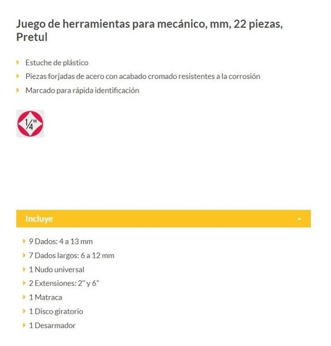 Juego De Herramienta Copas 22 Piezas, Milimetrico 1/4 Pretul