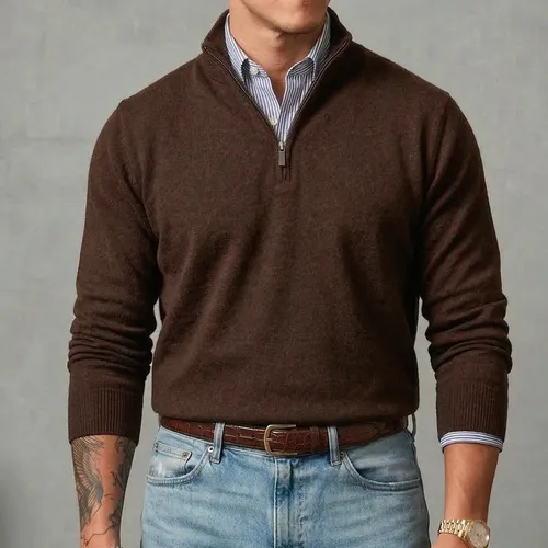 Suéter Masculino Zíper Elegante Gola Alta Inverno Old Money