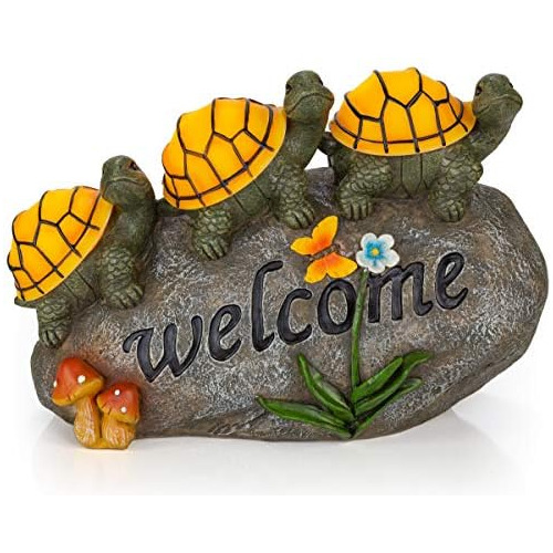 Welcome Turtles On Rock Solar Powered Led Outdoor Decor...