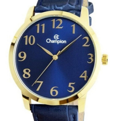 Relógio Masculino Dourado Champion Couro Azul Grande +