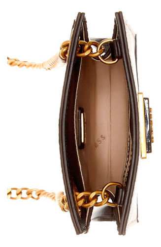 Bolsa de bate-papo Guess Cordelia Logo Chit QB837768-bnl Acabamento de hardware Cor de níquel Cor do logotipo marrom Alça de ombro Design de tecido listrado marrom