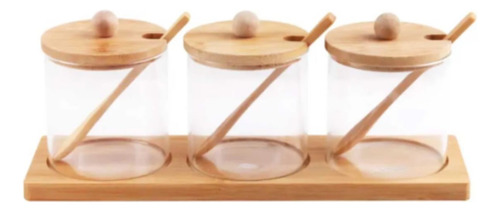 Porta Condimento C/ Suporte Bambu 7 Peças 350ml Em Vidro