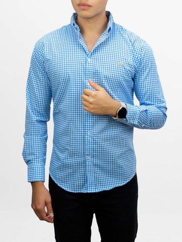 Camisa Hombre Casual Slim Fit Mini Cuadros Azul Alexis Roman