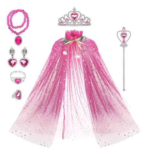 Juego De Capa De Princesa Para Niñas, Con Corona Tiara 7 Piezas