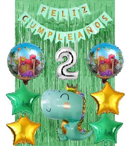 Kit Decoración Dinosaurio, Globos+cortinas+banderin Verde Estrellas