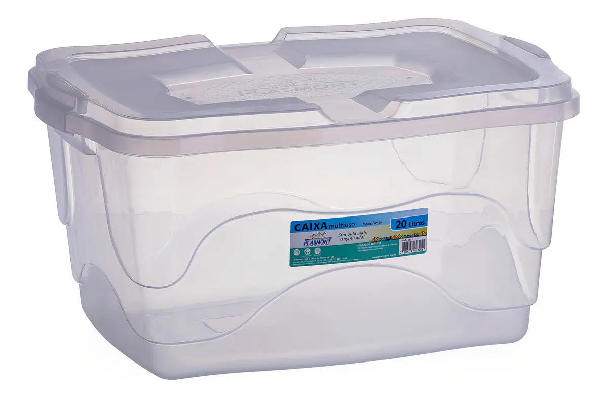 Caixa Organizadora Plasmont 20L Transparente Plástico Tampa Com Trava