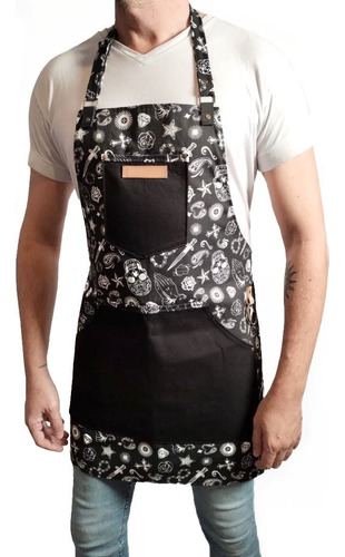 Delantal Jean Y Gabardina Estampada Con Cuero Vacuno